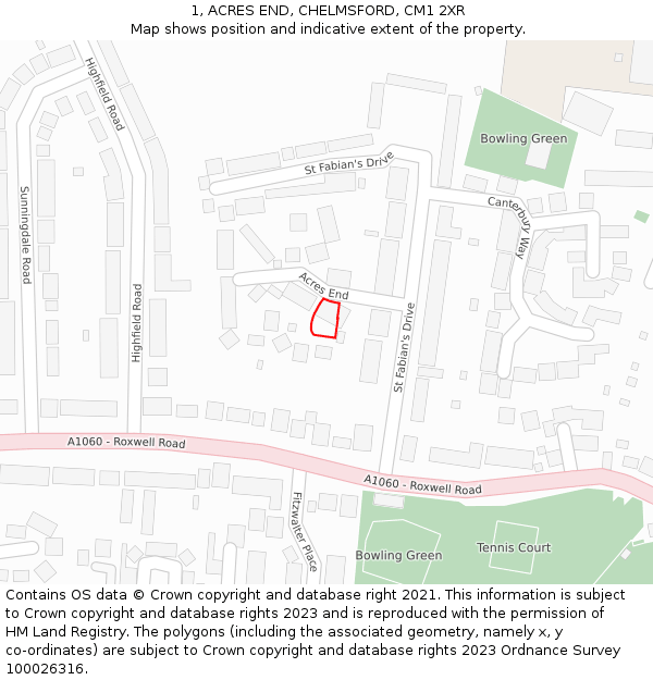 1, ACRES END, CHELMSFORD, CM1 2XR: Location map and indicative extent of plot