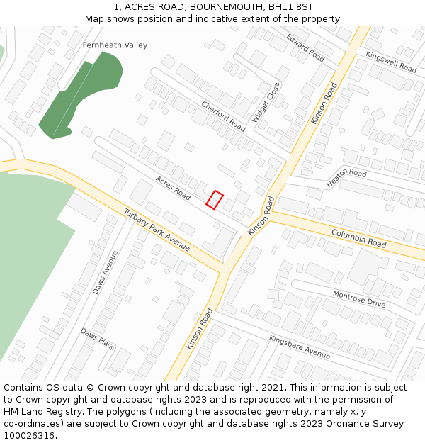 1, ACRES ROAD, BOURNEMOUTH, BH11 8ST: Location map and indicative extent of plot