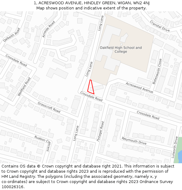 1, ACRESWOOD AVENUE, HINDLEY GREEN, WIGAN, WN2 4NJ: Location map and indicative extent of plot