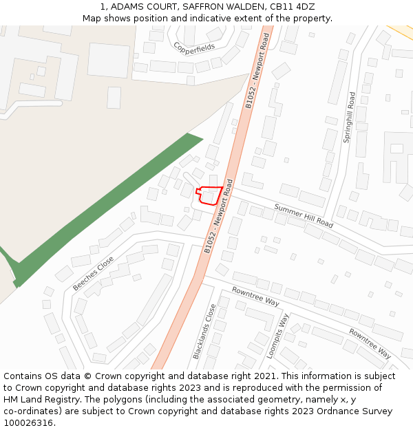 1, ADAMS COURT, SAFFRON WALDEN, CB11 4DZ: Location map and indicative extent of plot