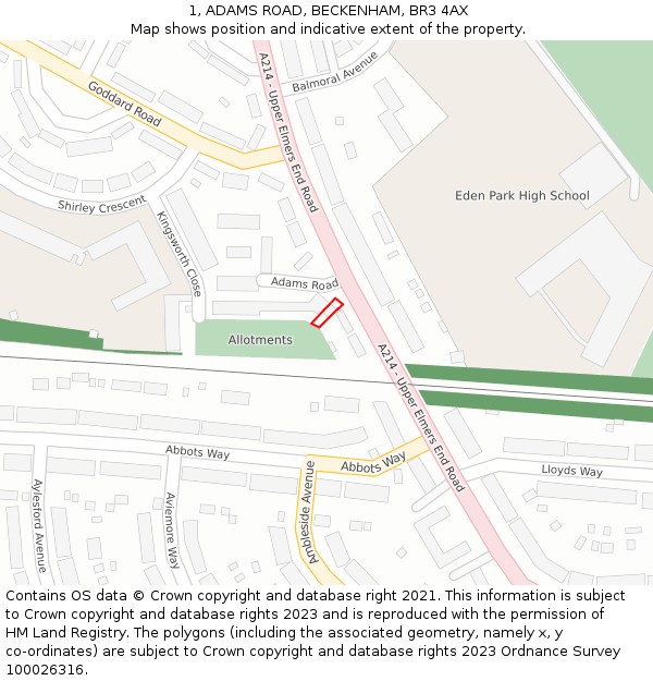 1, ADAMS ROAD, BECKENHAM, BR3 4AX: Location map and indicative extent of plot