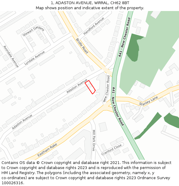 1, ADASTON AVENUE, WIRRAL, CH62 8BT: Location map and indicative extent of plot