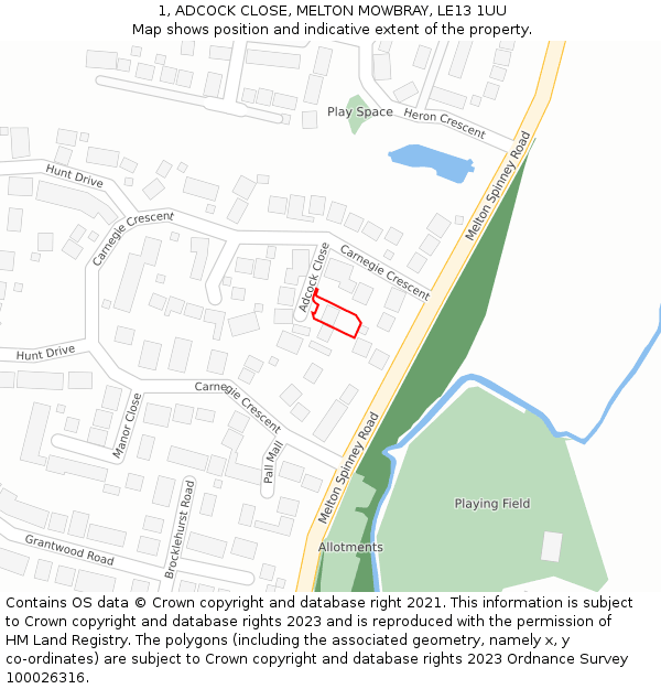 1, ADCOCK CLOSE, MELTON MOWBRAY, LE13 1UU: Location map and indicative extent of plot