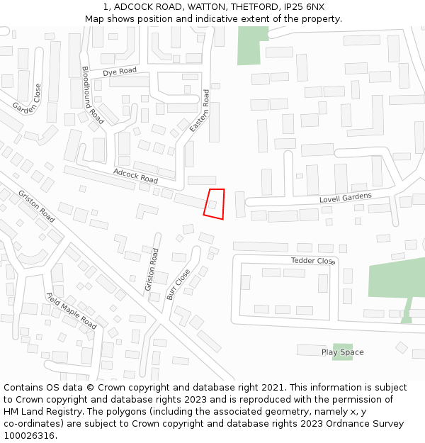 1, ADCOCK ROAD, WATTON, THETFORD, IP25 6NX: Location map and indicative extent of plot