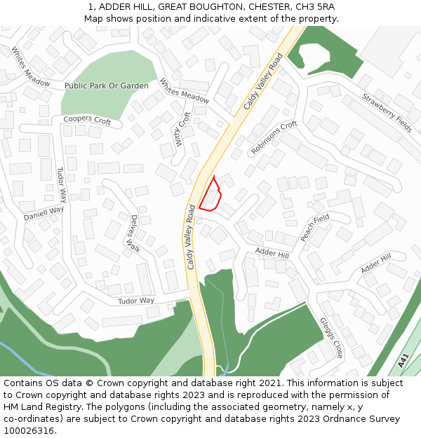 1, ADDER HILL, GREAT BOUGHTON, CHESTER, CH3 5RA: Location map and indicative extent of plot