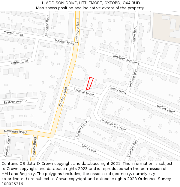 1, ADDISON DRIVE, LITTLEMORE, OXFORD, OX4 3UD: Location map and indicative extent of plot