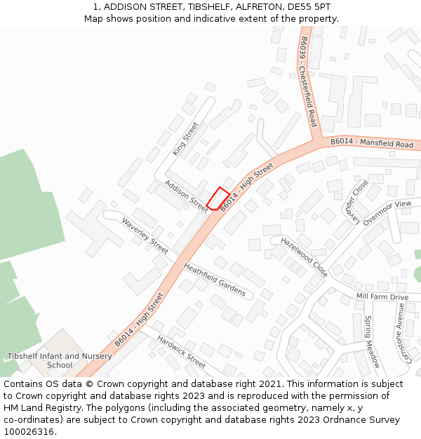 1, ADDISON STREET, TIBSHELF, ALFRETON, DE55 5PT: Location map and indicative extent of plot