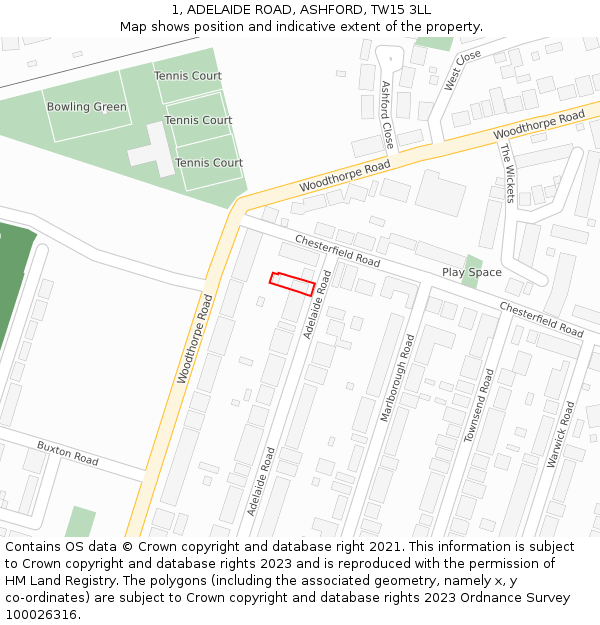 1, ADELAIDE ROAD, ASHFORD, TW15 3LL: Location map and indicative extent of plot