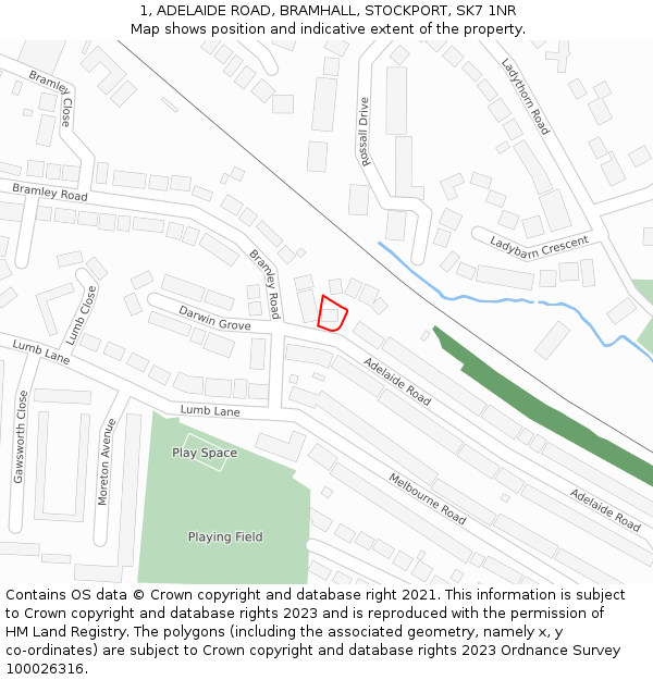 1, ADELAIDE ROAD, BRAMHALL, STOCKPORT, SK7 1NR: Location map and indicative extent of plot