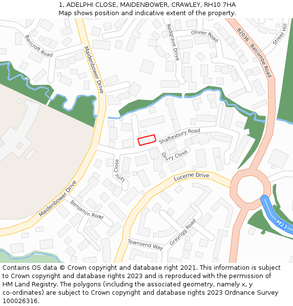 1, ADELPHI CLOSE, MAIDENBOWER, CRAWLEY, RH10 7HA: Location map and indicative extent of plot