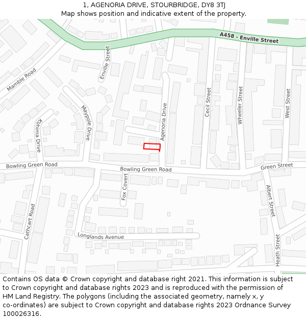 1, AGENORIA DRIVE, STOURBRIDGE, DY8 3TJ: Location map and indicative extent of plot