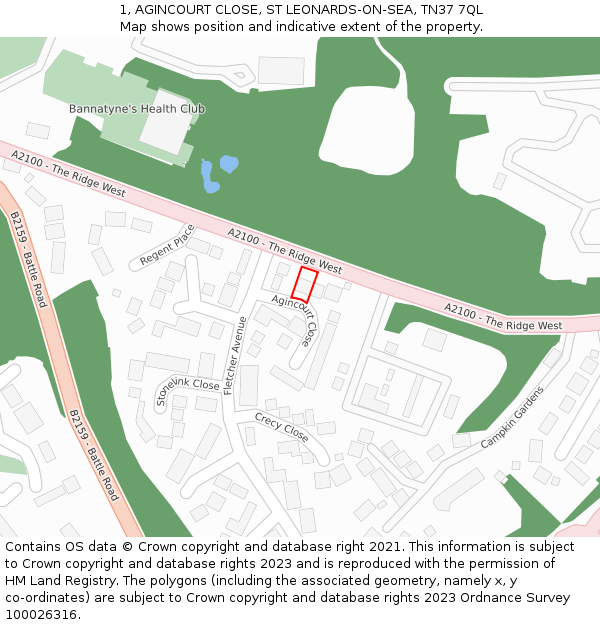 1, AGINCOURT CLOSE, ST LEONARDS-ON-SEA, TN37 7QL: Location map and indicative extent of plot