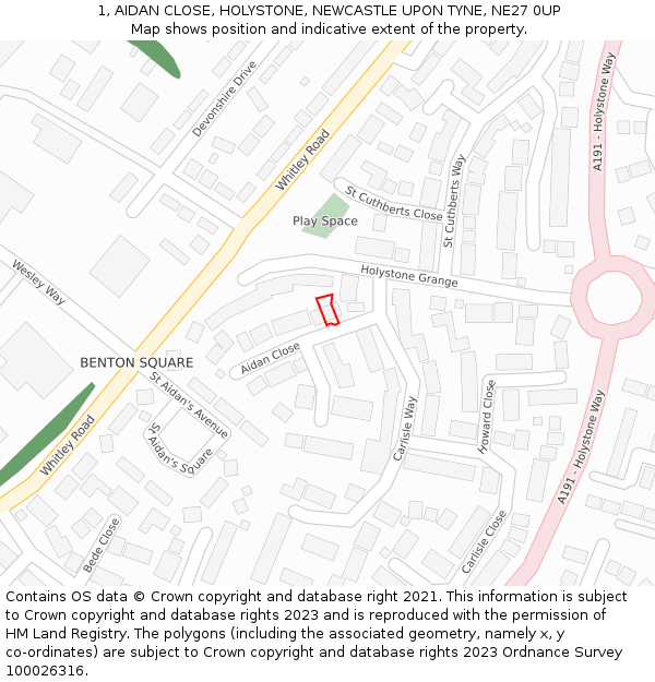 1, AIDAN CLOSE, HOLYSTONE, NEWCASTLE UPON TYNE, NE27 0UP: Location map and indicative extent of plot