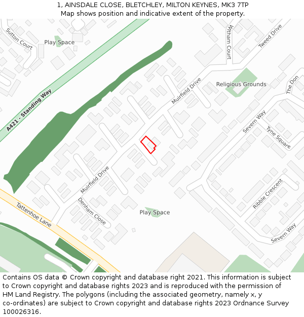 1, AINSDALE CLOSE, BLETCHLEY, MILTON KEYNES, MK3 7TP: Location map and indicative extent of plot