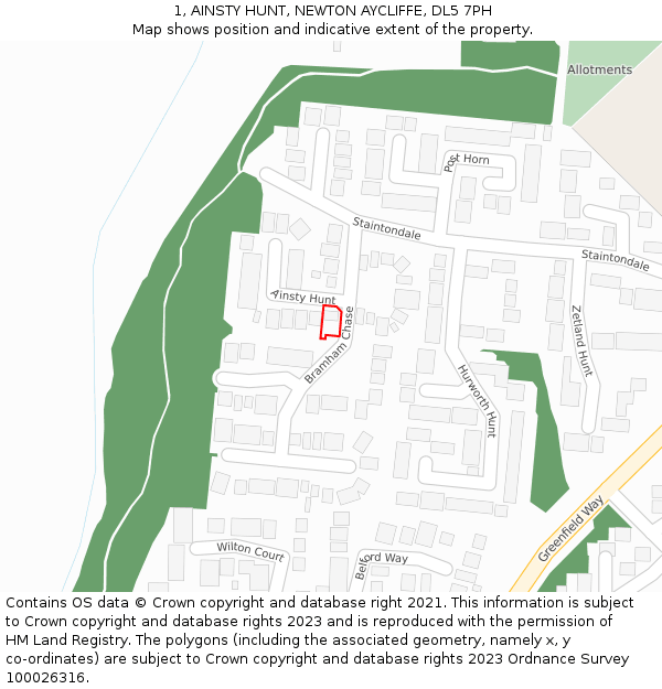 1, AINSTY HUNT, NEWTON AYCLIFFE, DL5 7PH: Location map and indicative extent of plot