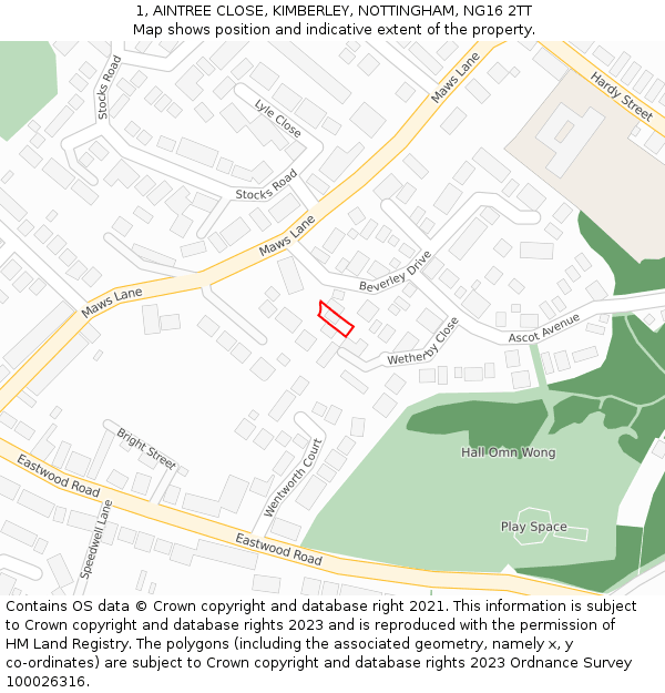 1, AINTREE CLOSE, KIMBERLEY, NOTTINGHAM, NG16 2TT: Location map and indicative extent of plot