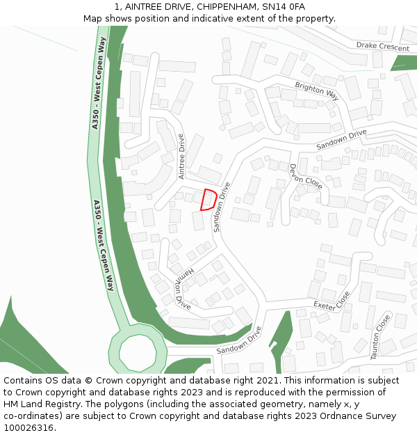 1, AINTREE DRIVE, CHIPPENHAM, SN14 0FA: Location map and indicative extent of plot