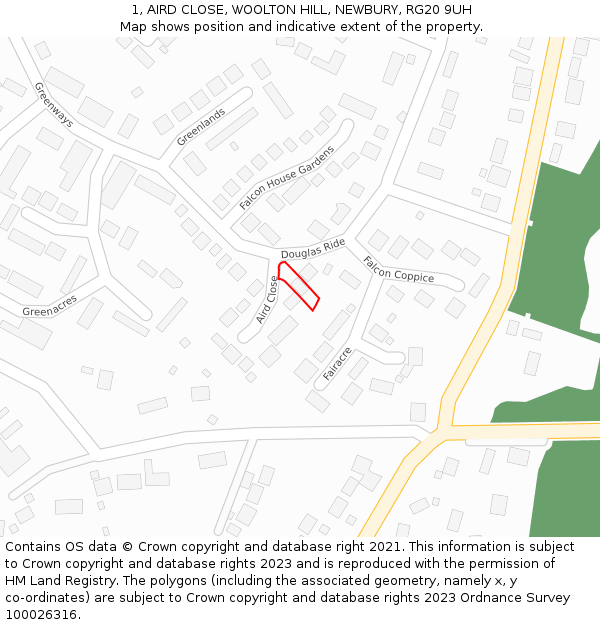 1, AIRD CLOSE, WOOLTON HILL, NEWBURY, RG20 9UH: Location map and indicative extent of plot