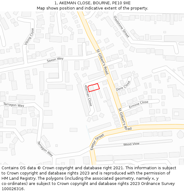 1, AKEMAN CLOSE, BOURNE, PE10 9XE: Location map and indicative extent of plot