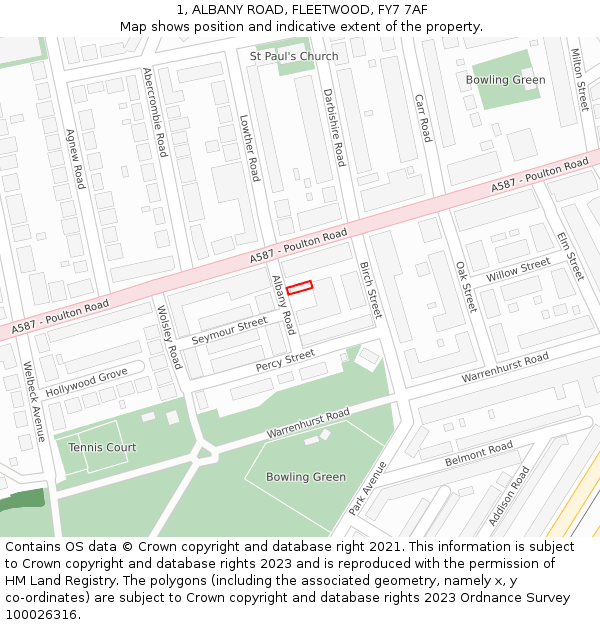 1, ALBANY ROAD, FLEETWOOD, FY7 7AF: Location map and indicative extent of plot