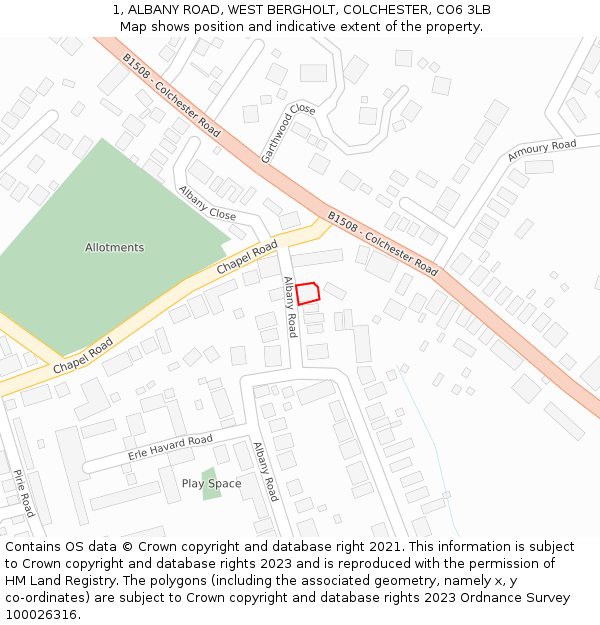 1, ALBANY ROAD, WEST BERGHOLT, COLCHESTER, CO6 3LB: Location map and indicative extent of plot