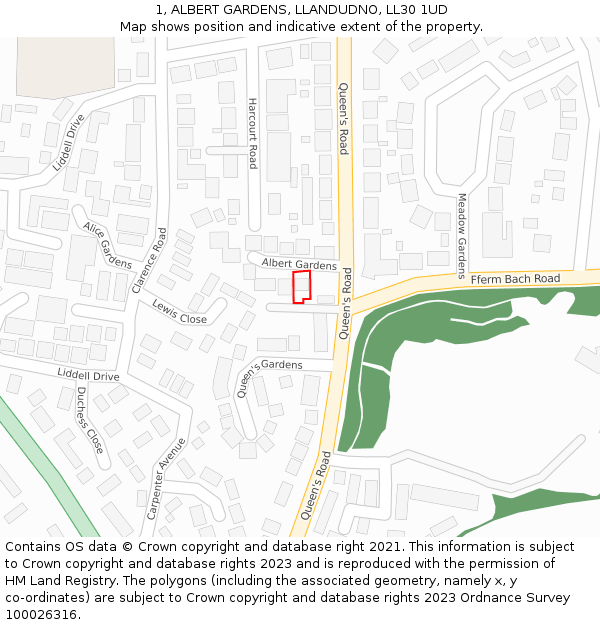 1, ALBERT GARDENS, LLANDUDNO, LL30 1UD: Location map and indicative extent of plot