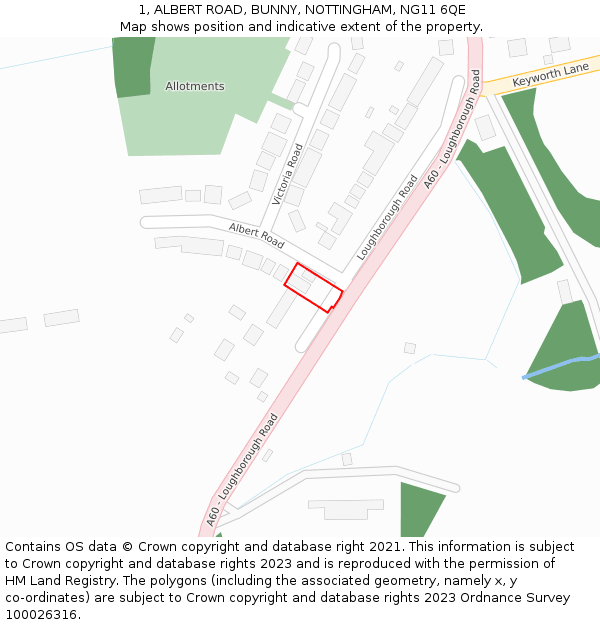 1, ALBERT ROAD, BUNNY, NOTTINGHAM, NG11 6QE: Location map and indicative extent of plot