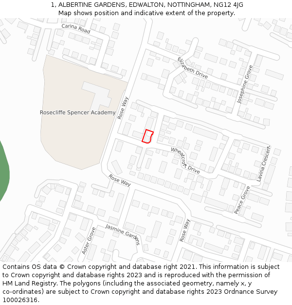 1, ALBERTINE GARDENS, EDWALTON, NOTTINGHAM, NG12 4JG: Location map and indicative extent of plot