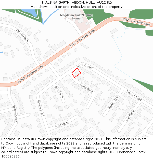 1, ALBINA GARTH, HEDON, HULL, HU12 8LY: Location map and indicative extent of plot