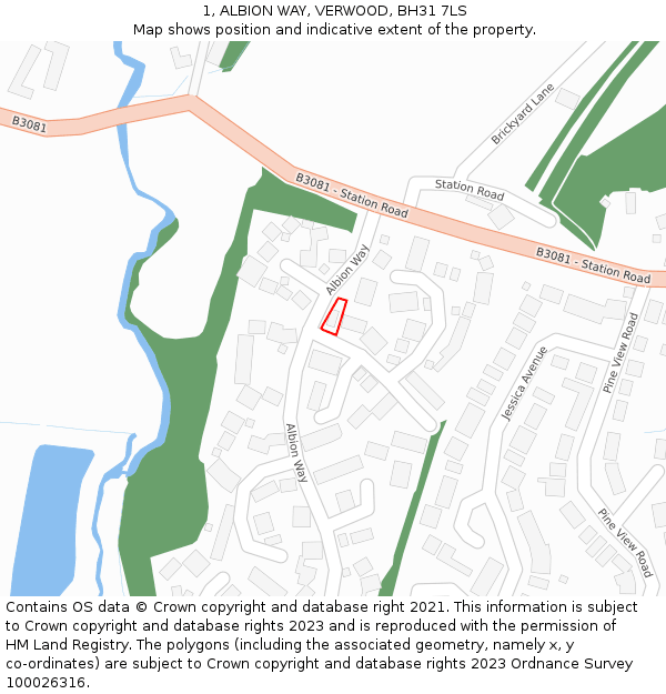 1, ALBION WAY, VERWOOD, BH31 7LS: Location map and indicative extent of plot