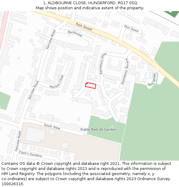 1, ALDBOURNE CLOSE, HUNGERFORD, RG17 0SQ: Location map and indicative extent of plot