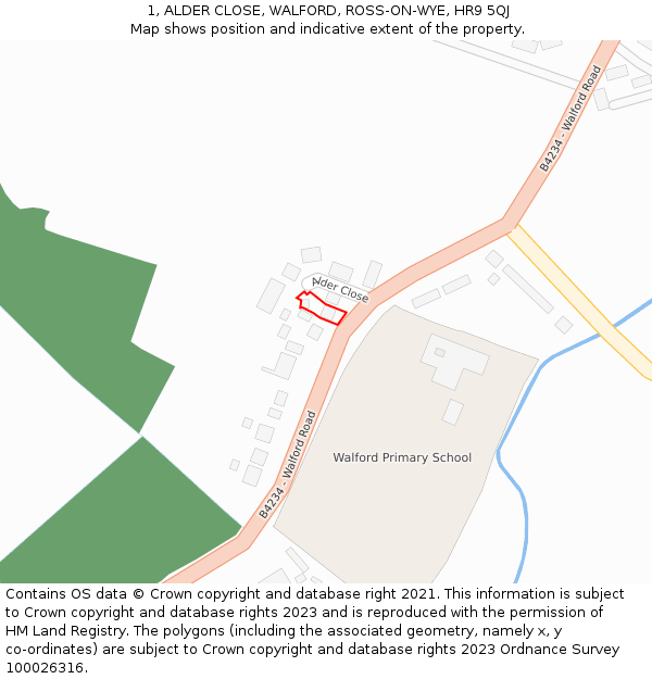 1, ALDER CLOSE, WALFORD, ROSS-ON-WYE, HR9 5QJ: Location map and indicative extent of plot