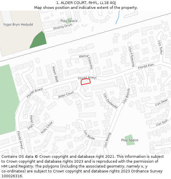 1, ALDER COURT, RHYL, LL18 4GJ: Location map and indicative extent of plot