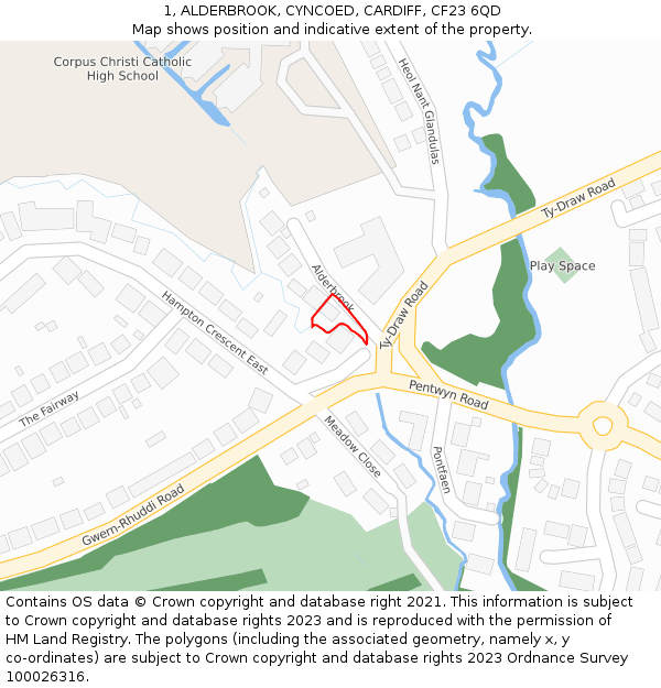 1, ALDERBROOK, CYNCOED, CARDIFF, CF23 6QD: Location map and indicative extent of plot