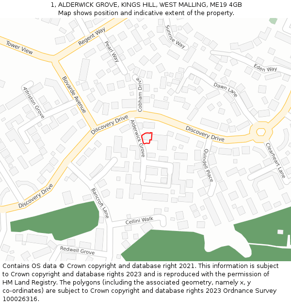 1, ALDERWICK GROVE, KINGS HILL, WEST MALLING, ME19 4GB: Location map and indicative extent of plot