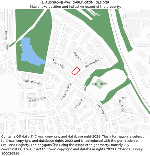 1, ALDGROVE WAY, DARLINGTON, DL3 0GR: Location map and indicative extent of plot