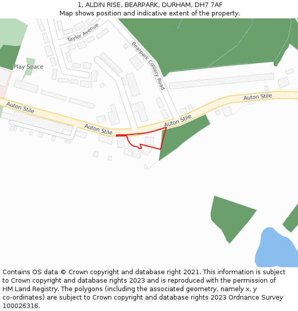 1, ALDIN RISE, BEARPARK, DURHAM, DH7 7AF: Location map and indicative extent of plot
