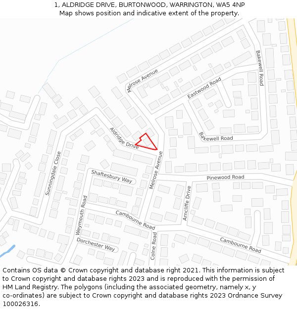 1, ALDRIDGE DRIVE, BURTONWOOD, WARRINGTON, WA5 4NP: Location map and indicative extent of plot