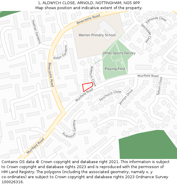 1, ALDWYCH CLOSE, ARNOLD, NOTTINGHAM, NG5 9PP: Location map and indicative extent of plot