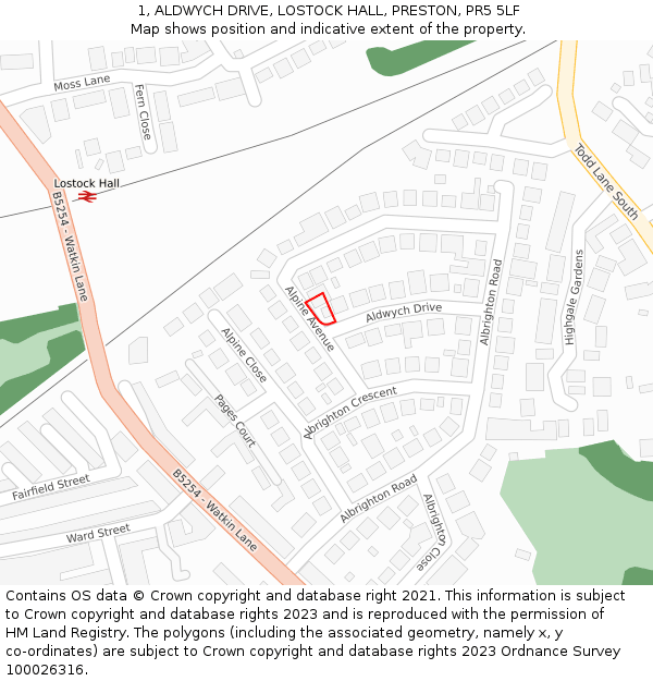 1, ALDWYCH DRIVE, LOSTOCK HALL, PRESTON, PR5 5LF: Location map and indicative extent of plot