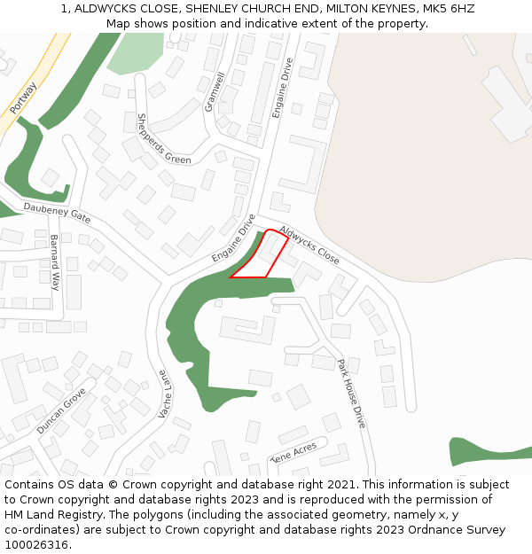 1, ALDWYCKS CLOSE, SHENLEY CHURCH END, MILTON KEYNES, MK5 6HZ: Location map and indicative extent of plot