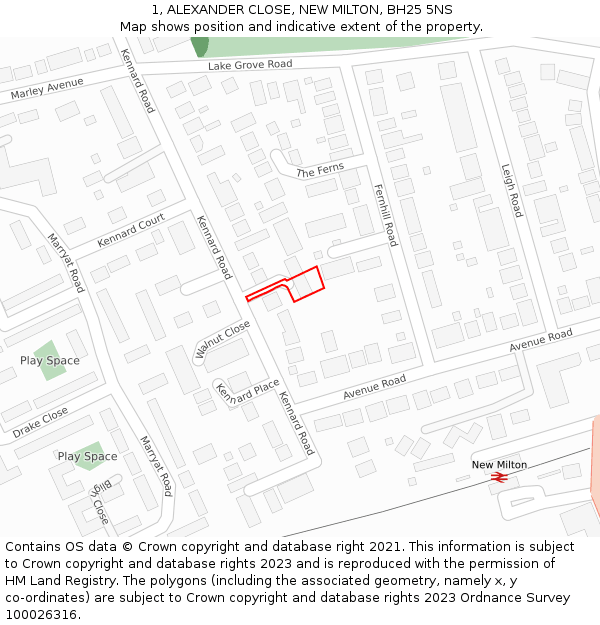 1, ALEXANDER CLOSE, NEW MILTON, BH25 5NS: Location map and indicative extent of plot