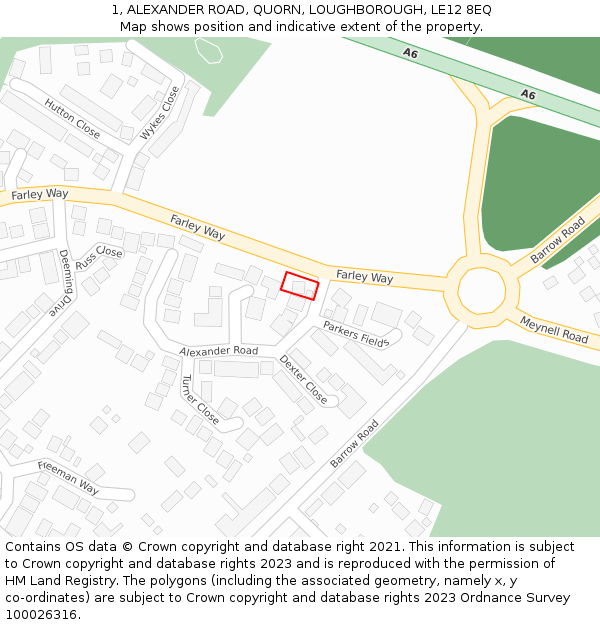1, ALEXANDER ROAD, QUORN, LOUGHBOROUGH, LE12 8EQ: Location map and indicative extent of plot