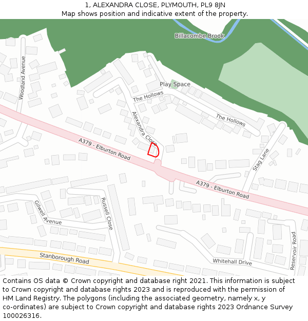 1, ALEXANDRA CLOSE, PLYMOUTH, PL9 8JN: Location map and indicative extent of plot