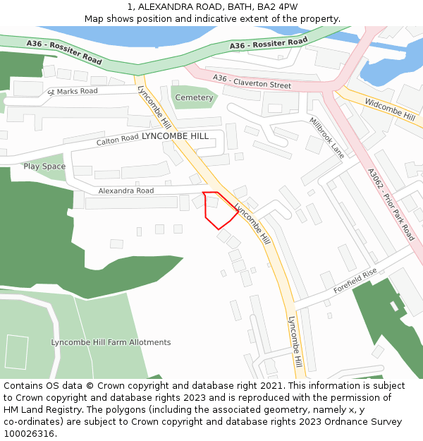 1, ALEXANDRA ROAD, BATH, BA2 4PW: Location map and indicative extent of plot