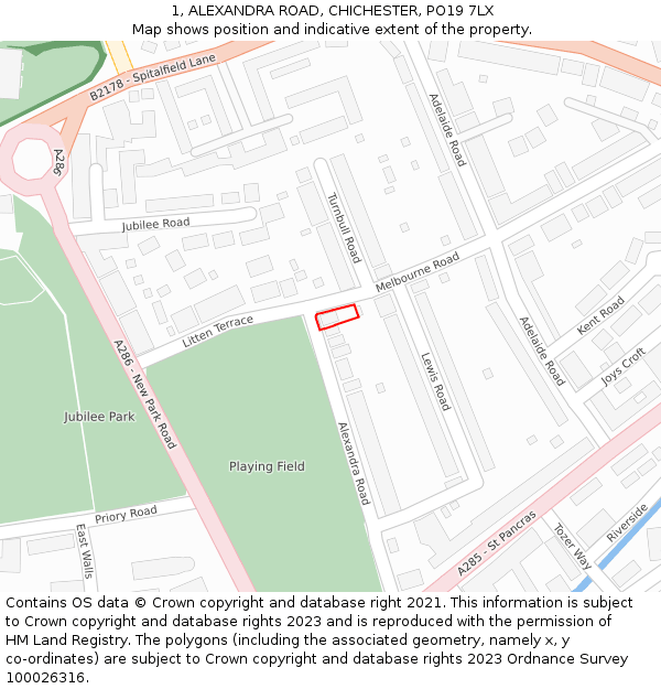 1, ALEXANDRA ROAD, CHICHESTER, PO19 7LX: Location map and indicative extent of plot