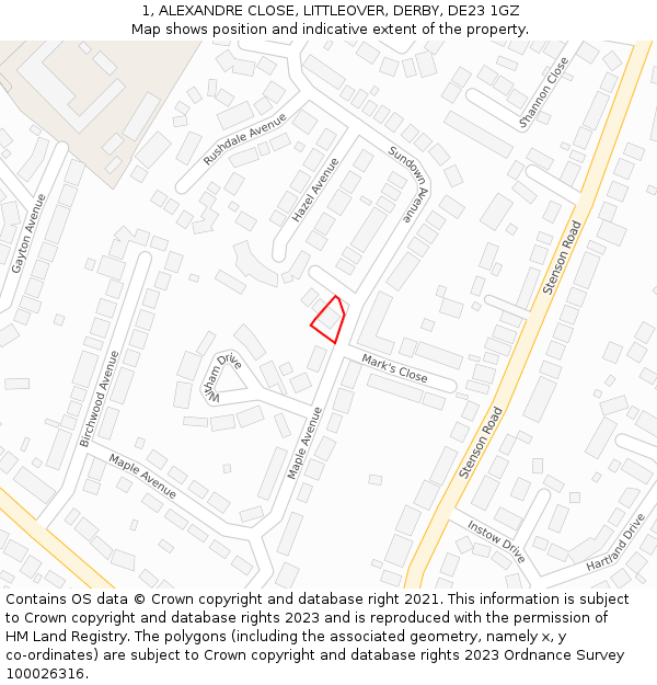 1, ALEXANDRE CLOSE, LITTLEOVER, DERBY, DE23 1GZ: Location map and indicative extent of plot