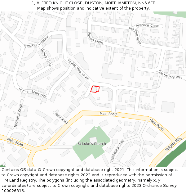 1, ALFRED KNIGHT CLOSE, DUSTON, NORTHAMPTON, NN5 6FB: Location map and indicative extent of plot