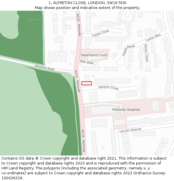 1, ALFRETON CLOSE, LONDON, SW19 5NS: Location map and indicative extent of plot