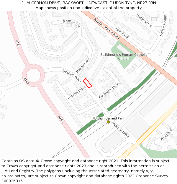 1, ALGERNON DRIVE, BACKWORTH, NEWCASTLE UPON TYNE, NE27 0RN: Location map and indicative extent of plot